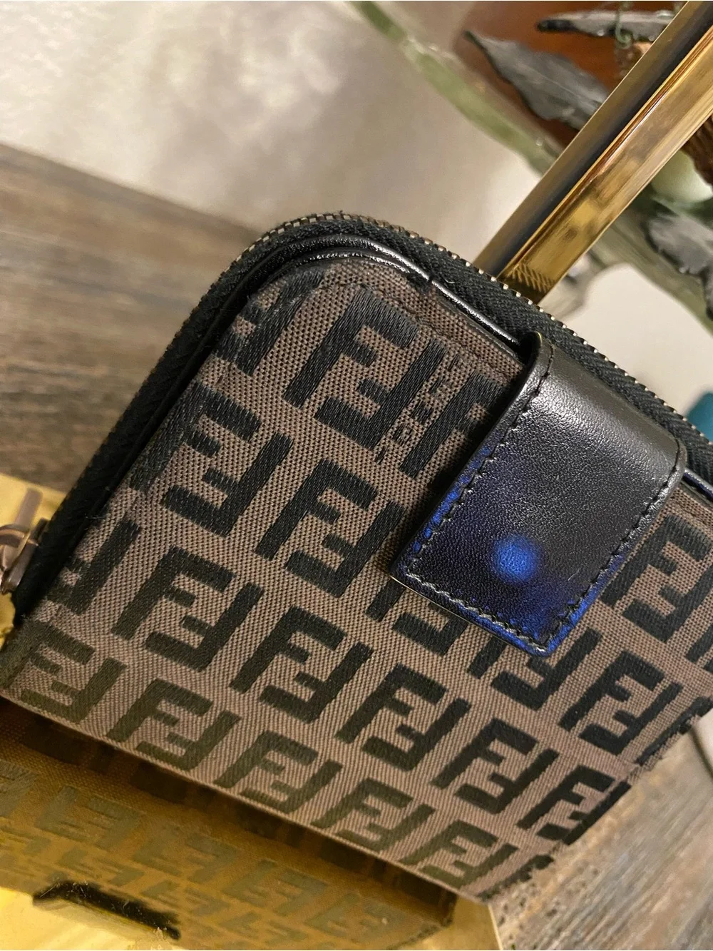 GUC Fendi Brown and Black Zucca Canvas Zip-Around Compact Wallet